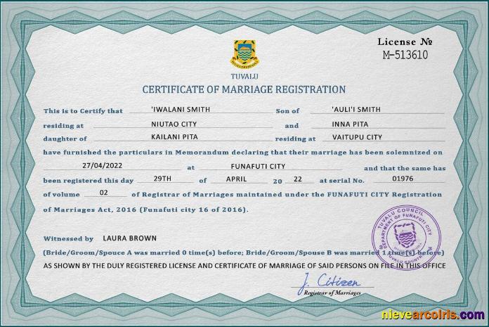 Tuvalu marriage certificate